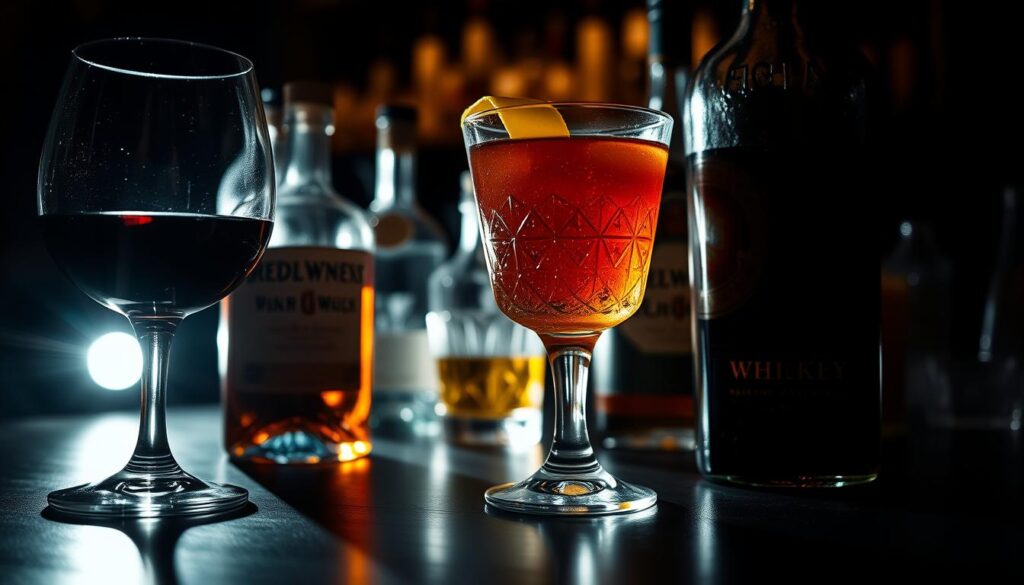 A close-up view of an assortment of alcoholic beverages against a dark, moody background. In the foreground, a glass of red wine, a bottle of whiskey, and a cocktail with a twist of lemon peel, all casting long shadows and illuminated by a soft, warm lighting that creates a sense of depth and atmosphere. In the middle ground, additional bottles and glassware, hinting at the hidden caloric content of these seemingly innocuous drinks. The background is blurred, but suggests a dimly lit bar or lounge setting, reinforcing the indulgent, yet potentially unhealthy nature of these alcoholic concoctions. A close-up view of an assortment of alcoholic beverages against a dark, moody background. In the foreground, a glass of red wine, a bottle of whiskey, and a cocktail with a twist of lemon peel, all casting long shadows and illuminated by a soft, warm lighting that creates a sense of depth and atmosphere. In the middle ground, additional bottles and glassware, hinting at the hidden caloric content of these seemingly innocuous drinks. The background is blurred, but suggests a dimly lit bar or lounge setting, reinforcing the indulgent, yet potentially unhealthy nature of these alcoholic concoctions.