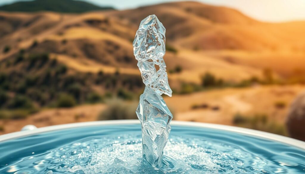 A crystalline mineral water fountain, backlit by soft natural light, stands as the focal point. The transparent liquid flows gracefully, revealing a mesmerizing dance of essential minerals suspended within. The background features a serene, earthy landscape with rolling hills, lush greenery, and a clear blue sky, creating a tranquil, rejuvenating atmosphere. The composition emphasizes the purity, vitality, and restorative properties of this mineralized water, inviting the viewer to experience its healthful benefits. A crystalline mineral water fountain, backlit by soft natural light, stands as the focal point. The transparent liquid flows gracefully, revealing a mesmerizing dance of essential minerals suspended within. The background features a serene, earthy landscape with rolling hills, lush greenery, and a clear blue sky, creating a tranquil, rejuvenating atmosphere. The composition emphasizes the purity, vitality, and restorative properties of this mineralized water, inviting the viewer to experience its healthful benefits.