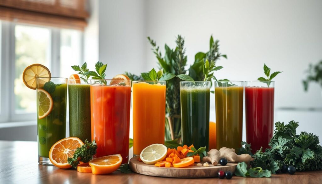 A vibrant still life composition showcasing an assortment of fresh, organic detox juices. In the foreground, an arrangement of tall glasses filled with various hues of green, orange, and red juices, garnished with slices of citrus fruits, leafy greens, and herbs. In the middle ground, a wooden board or table surface with freshly chopped ingredients such as kale, carrots, ginger, and berries. The background features a bright, airy, and minimalist setting, with natural light flooding the scene, creating a clean and rejuvenating atmosphere. The overall mood is one of health, vitality, and a renewed sense of balance, reflecting the "Bebidas naturais para desintoxicação" theme. A vibrant still life composition showcasing an assortment of fresh, organic detox juices. In the foreground, an arrangement of tall glasses filled with various hues of green, orange, and red juices, garnished with slices of citrus fruits, leafy greens, and herbs. In the middle ground, a wooden board or table surface with freshly chopped ingredients such as kale, carrots, ginger, and berries. The background features a bright, airy, and minimalist setting, with natural light flooding the scene, creating a clean and rejuvenating atmosphere. The overall mood is one of health, vitality, and a renewed sense of balance, reflecting the "Bebidas naturais para desintoxicação" theme.