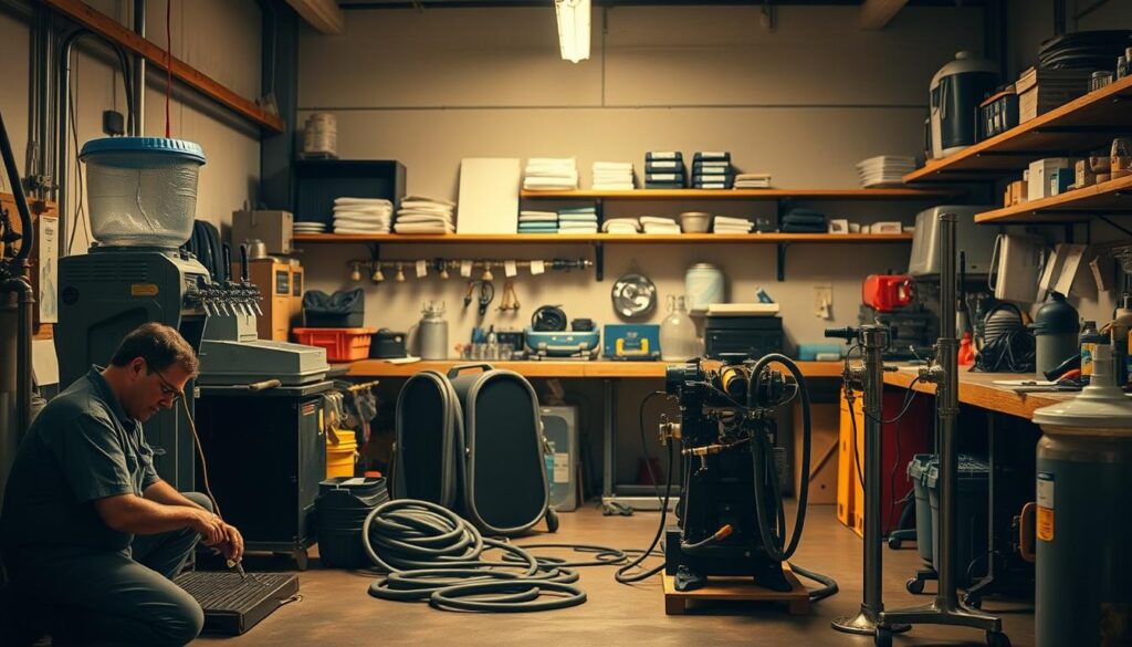 A well-lit workshop interior, with an assortment of carbonation equipment lined up for maintenance. In the foreground, a technician kneels beside a disassembled soda dispenser, carefully inspecting and cleaning the components. The middle ground showcases a variety of hoses, valves, and other specialized tools used in the carbonation process. In the background, shelves and workbenches hold spare parts, manuals, and cleaning supplies, conveying a sense of organized professionalism. Warm, directional lighting casts subtle shadows, emphasizing the intricate details of the equipment. The overall atmosphere is one of focused, diligent maintenance, essential for ensuring the reliable performance of carbonation systems. A well-lit workshop interior, with an assortment of carbonation equipment lined up for maintenance. In the foreground, a technician kneels beside a disassembled soda dispenser, carefully inspecting and cleaning the components. The middle ground showcases a variety of hoses, valves, and other specialized tools used in the carbonation process. In the background, shelves and workbenches hold spare parts, manuals, and cleaning supplies, conveying a sense of organized professionalism. Warm, directional lighting casts subtle shadows, emphasizing the intricate details of the equipment. The overall atmosphere is one of focused, diligent maintenance, essential for ensuring the reliable performance of carbonation systems.