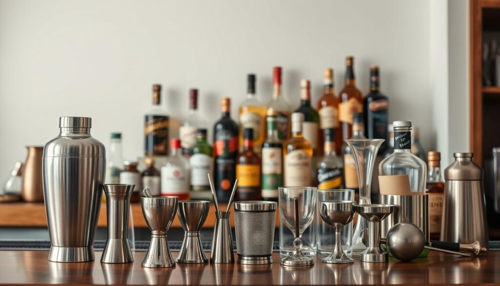 A well-stocked home bar showcasing an assortment of essential bartender's tools and equipment against a clean, minimalist backdrop. In the foreground, a sleek cocktail shaker, jigger, strainer, and muddler are neatly arranged, their metallic surfaces reflecting the soft, diffused lighting. In the middle ground, various liquor bottles, bitters, and mixers are displayed on a wooden or marble countertop, hinting at the versatility of homemade cocktail creation. The background features a simple, white-walled setting, allowing the equipment to take center stage and emphasize the efficiency and precision required for crafting professional-quality drinks at home. A well-stocked home bar showcasing an assortment of essential bartender's tools and equipment against a clean, minimalist backdrop. In the foreground, a sleek cocktail shaker, jigger, strainer, and muddler are neatly arranged, their metallic surfaces reflecting the soft, diffused lighting. In the middle ground, various liquor bottles, bitters, and mixers are displayed on a wooden or marble countertop, hinting at the versatility of homemade cocktail creation. The background features a simple, white-walled setting, allowing the equipment to take center stage and emphasize the efficiency and precision required for crafting professional-quality drinks at home.