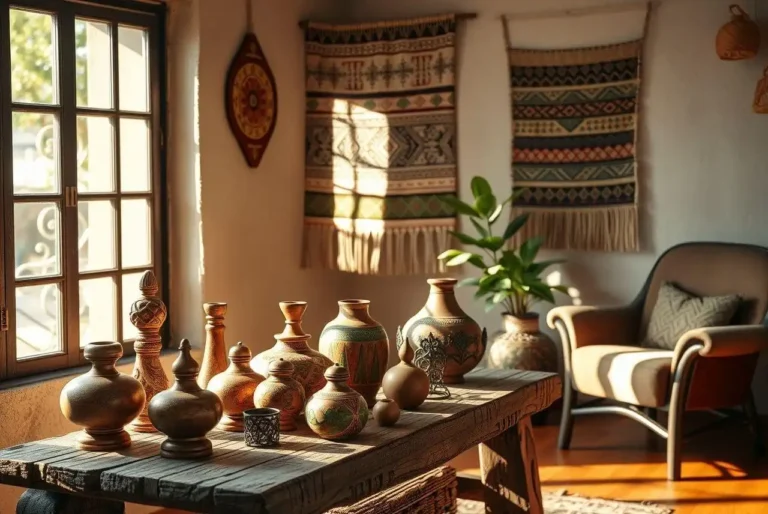 Imagem de uma decoração rústica com vasos de cerâmica, tapetes têxtil pendurados na parede, uma poltrona confortável e uma planta, tudo em um ambiente bem iluminado pela luz natural.