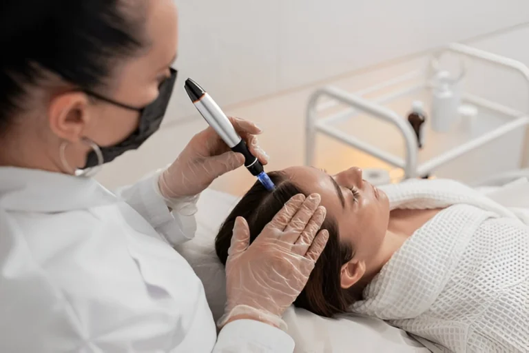 Profissional realizando um procedimento estético facial com tecnologia de microagulhamento em paciente deitada em uma clínica.
